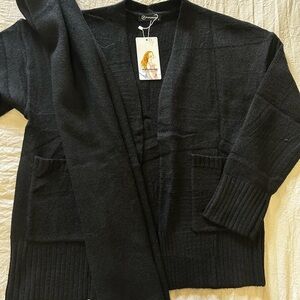 black cardigan with scarf